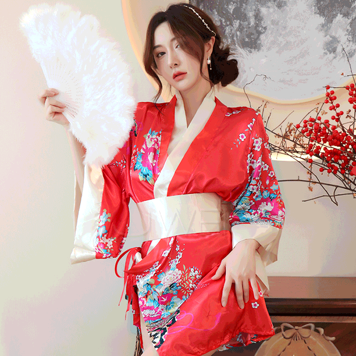 花莎情露．性感誘惑開襟V領印花日式和服套裝3件組(紅)