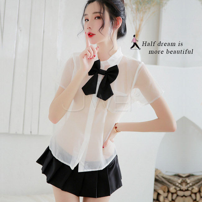 傻傻單戀．透視學院風制服四件組(黑色)