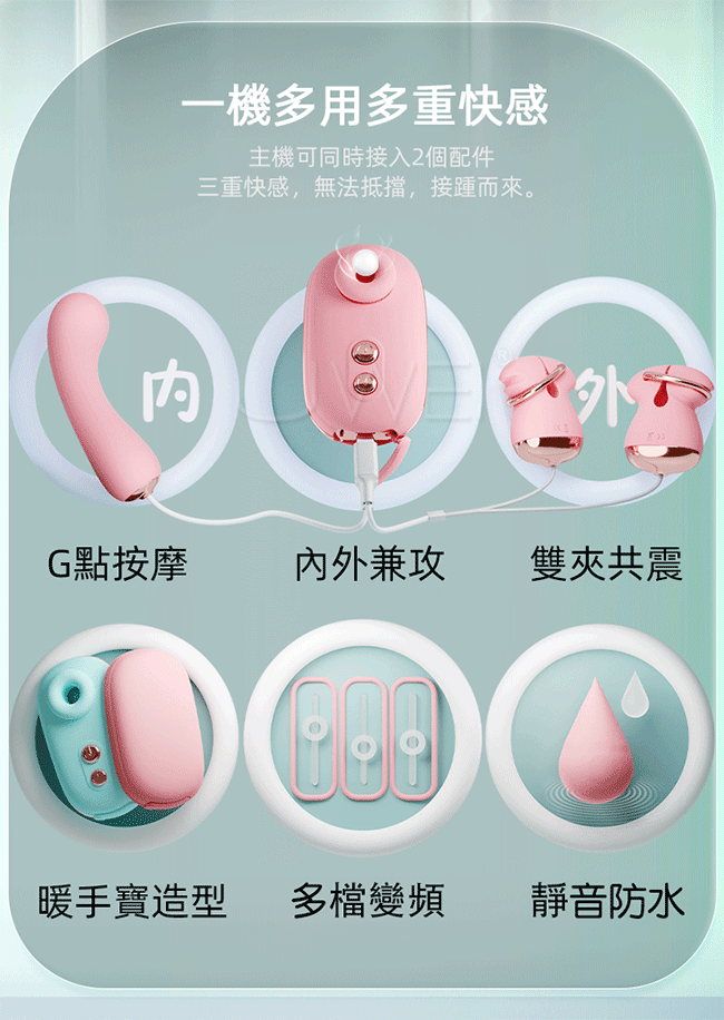 GALAKU．希婭10頻吮吸震動主機+10頻震動按摩棒+可調節雙震乳夾-藍色