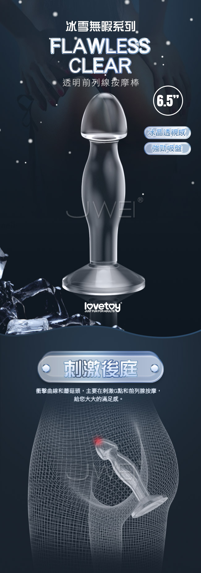 Lovetoy．Flawless Clear冰雪無暇系列 Prostate Plug透明前列腺按摩棒-6.5吋