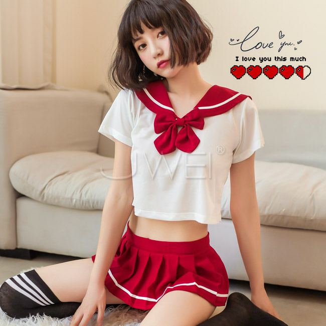 盛夏季典．清純透視水手服套裝四件組(酒紅色)