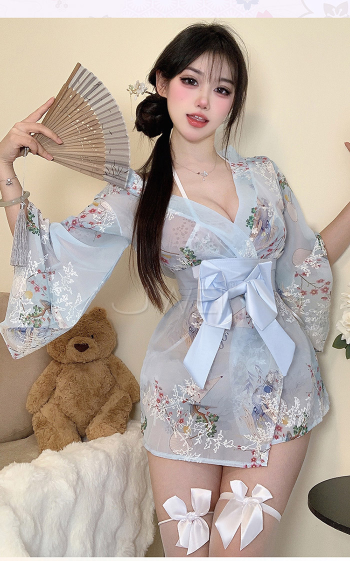 落櫻美姬．純欲日式繡花和服套裝4件套組-淺藍
