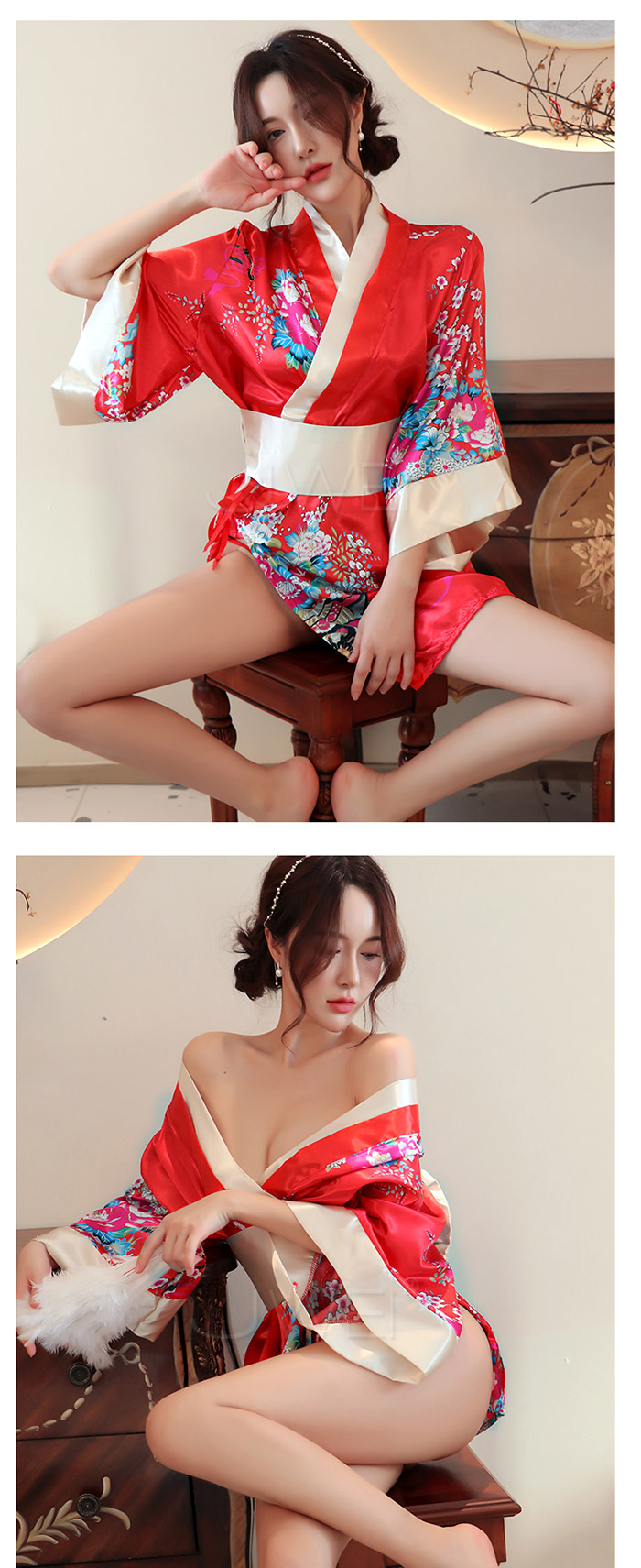 花莎情露．性感誘惑開襟V領印花日式和服套裝3件組(黑)