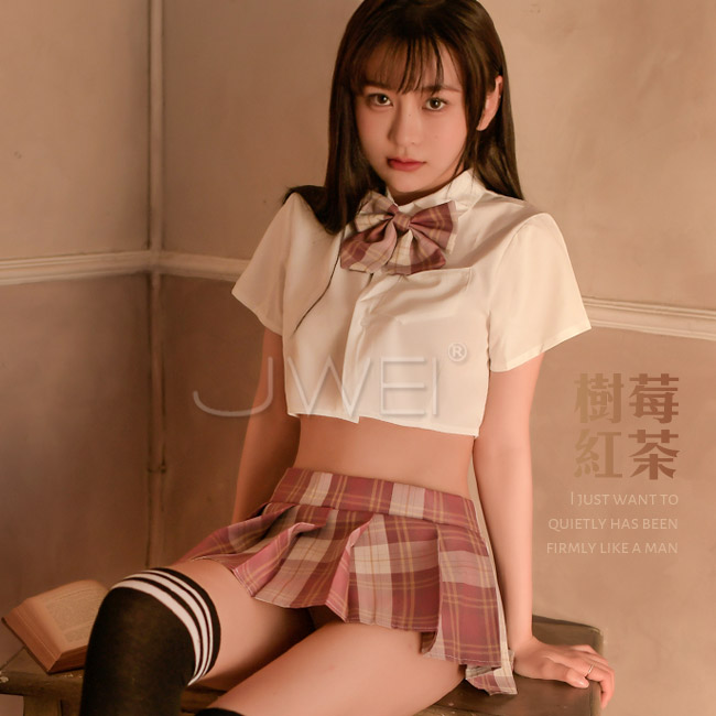 幸福包圍．百褶短裙學生套裝四件組(樹莓紅茶)