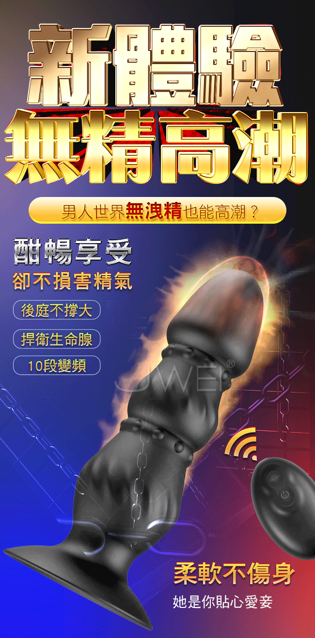 Prostate massager．10段變頻遙控吸盤式震動後庭肛塞-中號