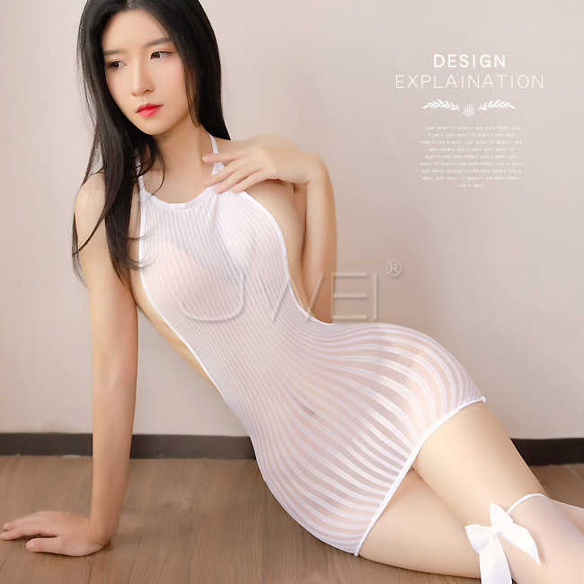 緋聞女王．性感條紋掛脖繫帶透視包臀連身貓裝(白色)